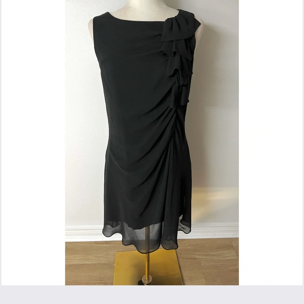 90s Asymmetrical Black Chiffon Dress – Draped Knee-Length with Shoulder Ruffle - Picture 7 of 15